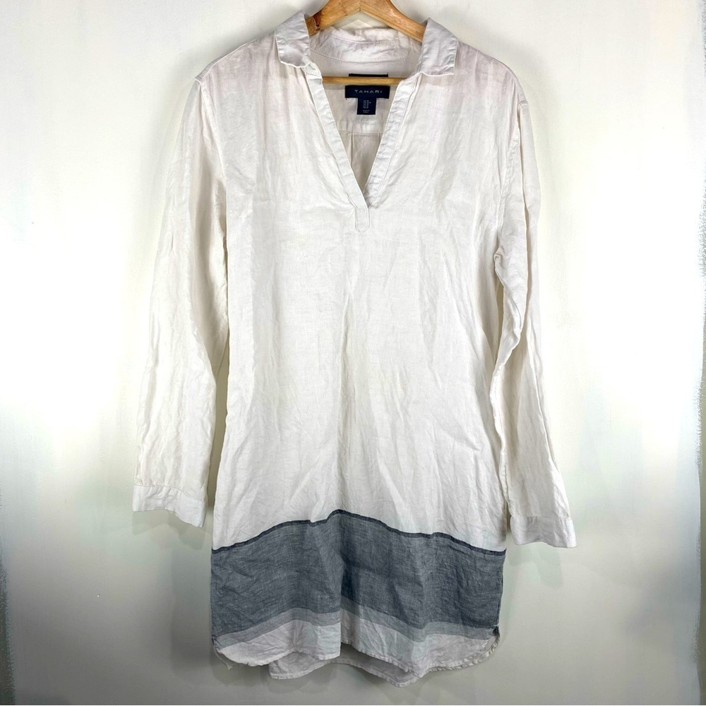Tahari‎ 100% Linen Longline Tunic Lagenlook Popover Shirt Blouse Size Medium